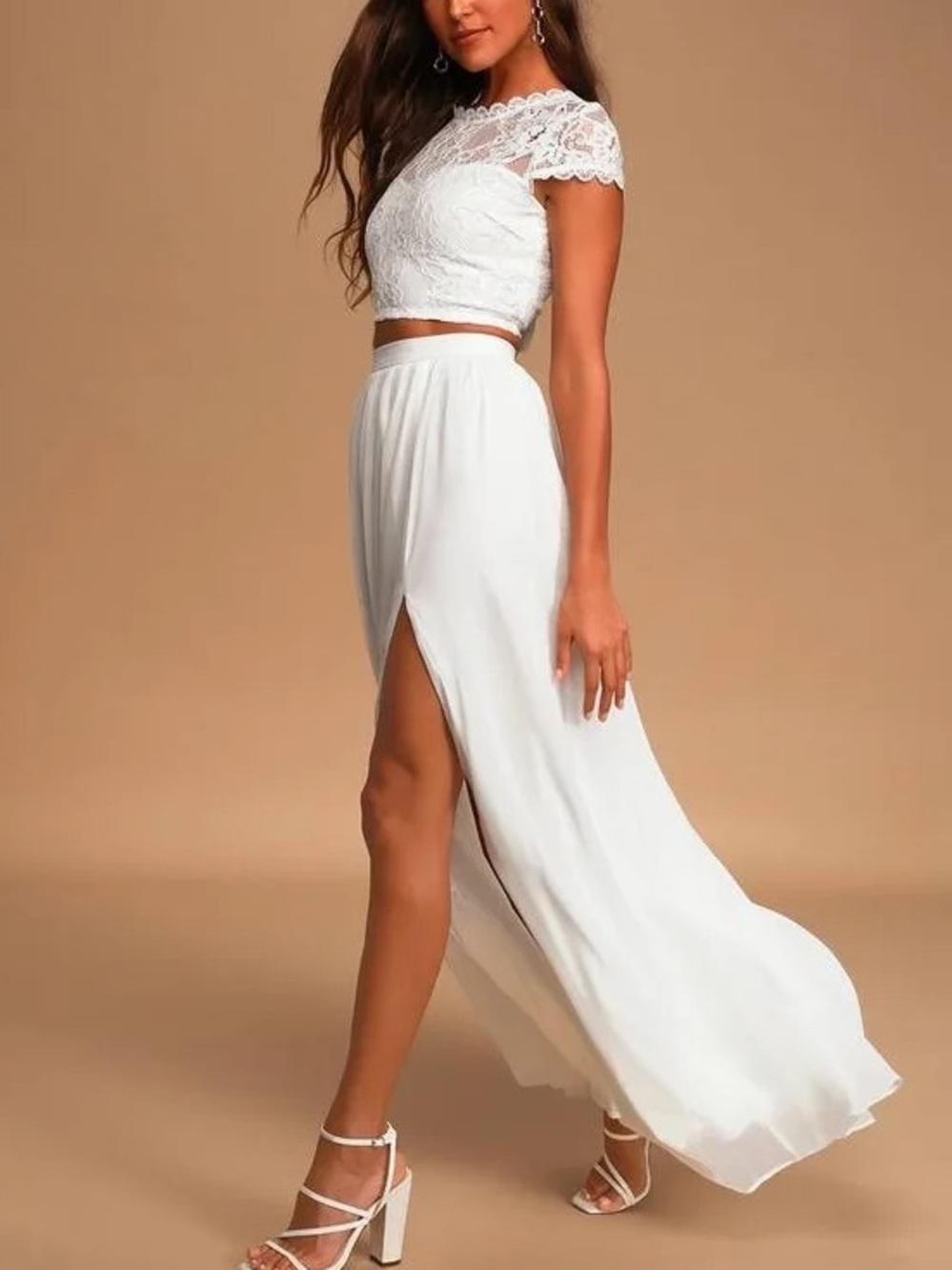 Lulus White Lace Two-Piece Maxi Dress Bridal Wedding NWOT L
